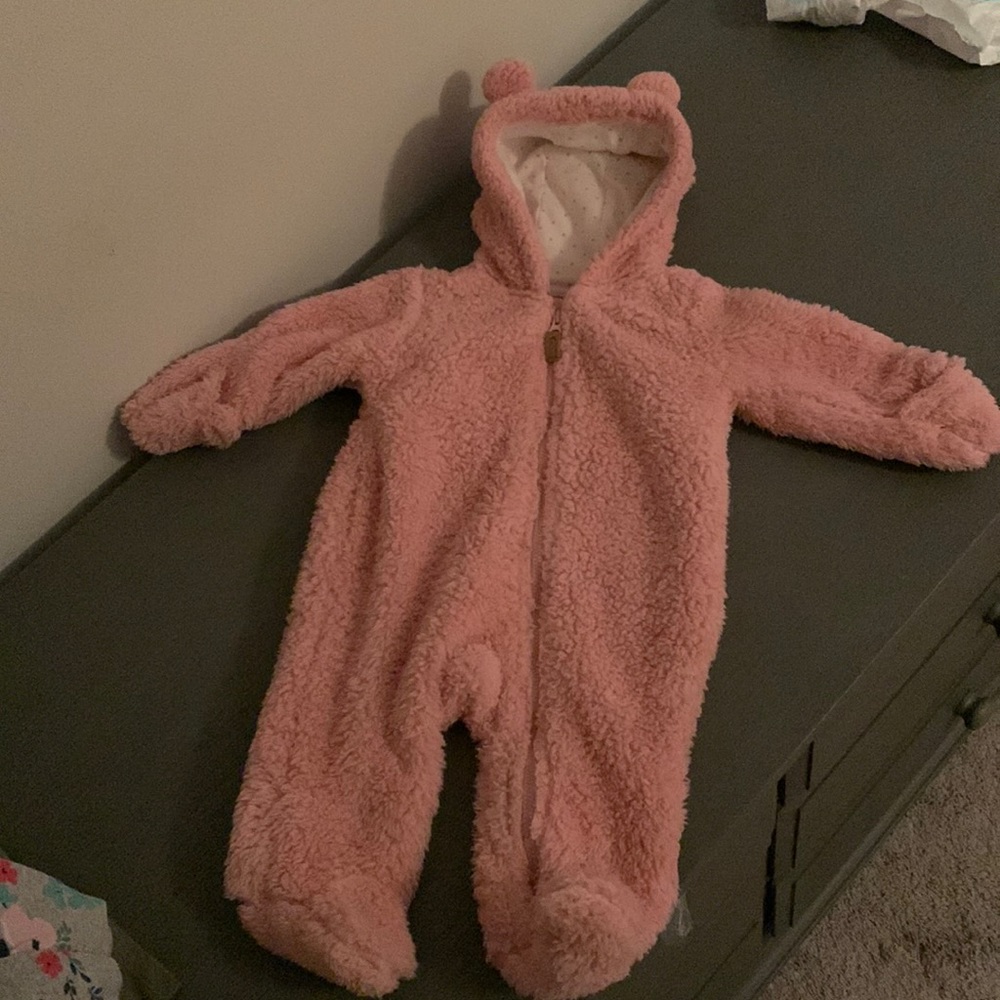 Pink footie with hood, 3 month